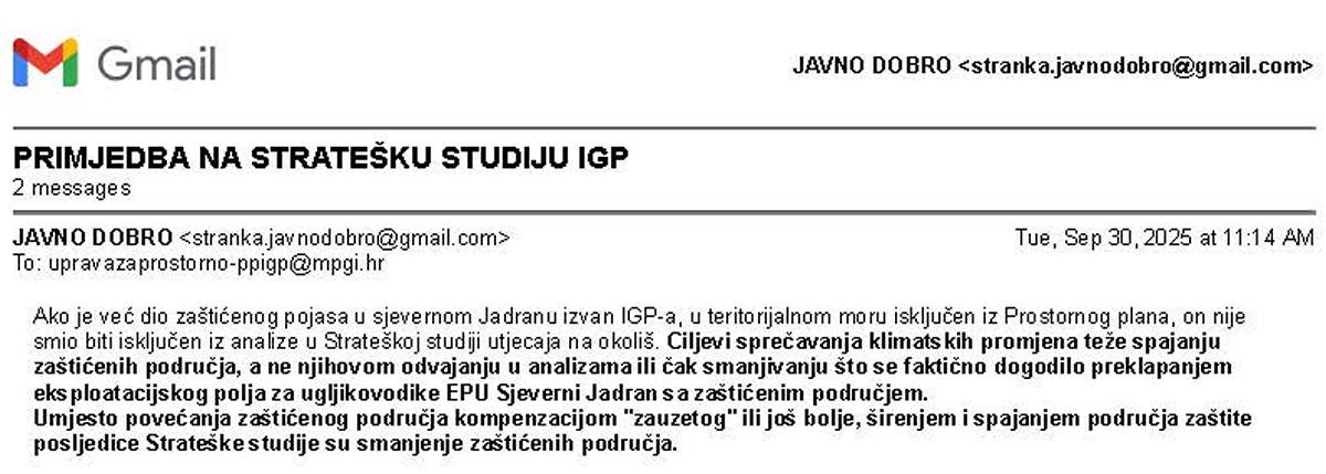 Ciljevi sprečavanja klimatskih promjena teže spajanju zaštićenih područja, a ne njihovom odvajanju u analizama ili čak smanjivanju što se faktično dogodilo preklapanjem eksploatacijskog polja za ugljikovodike EPU Sjeverni Jadran sa zaštićenim područjem