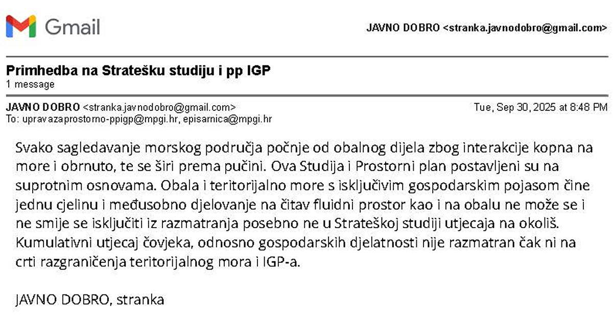 Obala i teritorijalno more s isključivim gospodarskim pojasom čine jednu cjelinu i međusobno djelovanje na čitav fluidni prostor kao i na obalu ne može se i ne smije se isključiti iz razmatranja posebno ne u Strateškoj studiji utjecaja na okoliš. Kumulativni utjecaj čovjeka, odnosno gospodarskih djelatnosti nije razmatran čak ni na crti razgraničenja teritorijalnog mora i IGP-a.