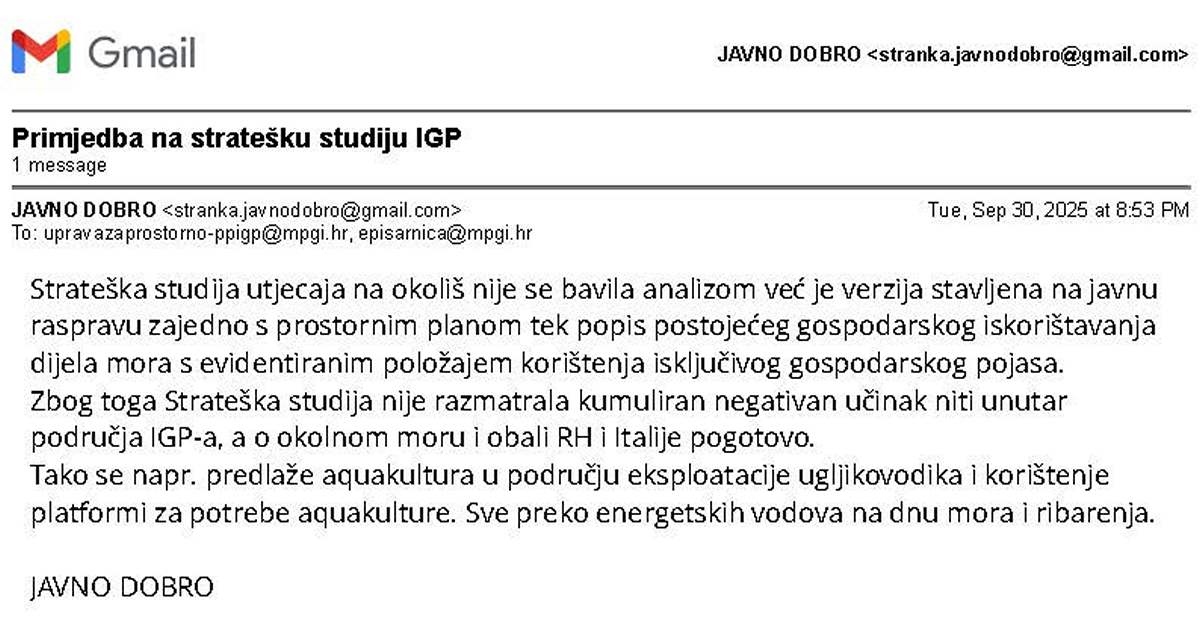 Strateška studija utjecaja na okoliš nije se bavila analizom već je verzija stavljena na javnu raspravu zajedno s prostornim planom tek popis postojećeg gospodarskog iskorištavanja dijela mora s evidentiranim položajem korištenja isključivog gospodarskog pojasa. Zbog toga Strateška studija nije razmatrala kumuliran negativan učinak niti unutar područja IGP-a, a o okolnom moru i obali RH i Italije pogotovo.