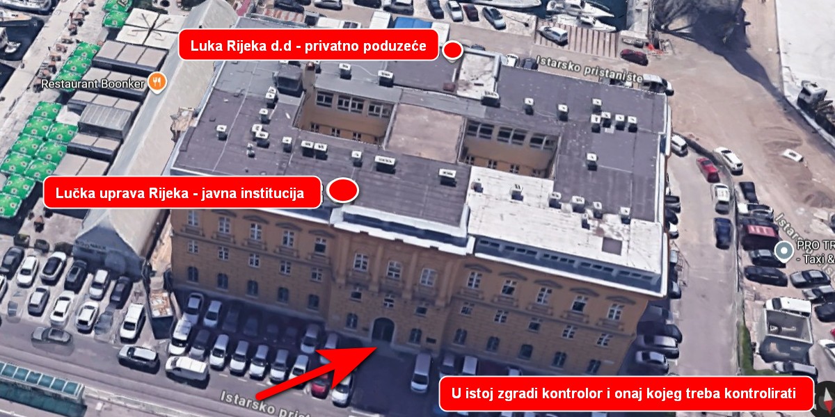 Lučka uprava Rijeka je institucija, a Luka Rijeka d.d. privatna tvrtka. Obje u istoj zgradi, makar Lučka uprava predstavlja instituciju koja mora nadgledati kako privatna tvrtku operira po luci i terminalima